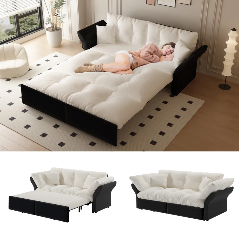 Canapé-lit 3 places covertible velours beige/blanc avec coussins BIRCHCART