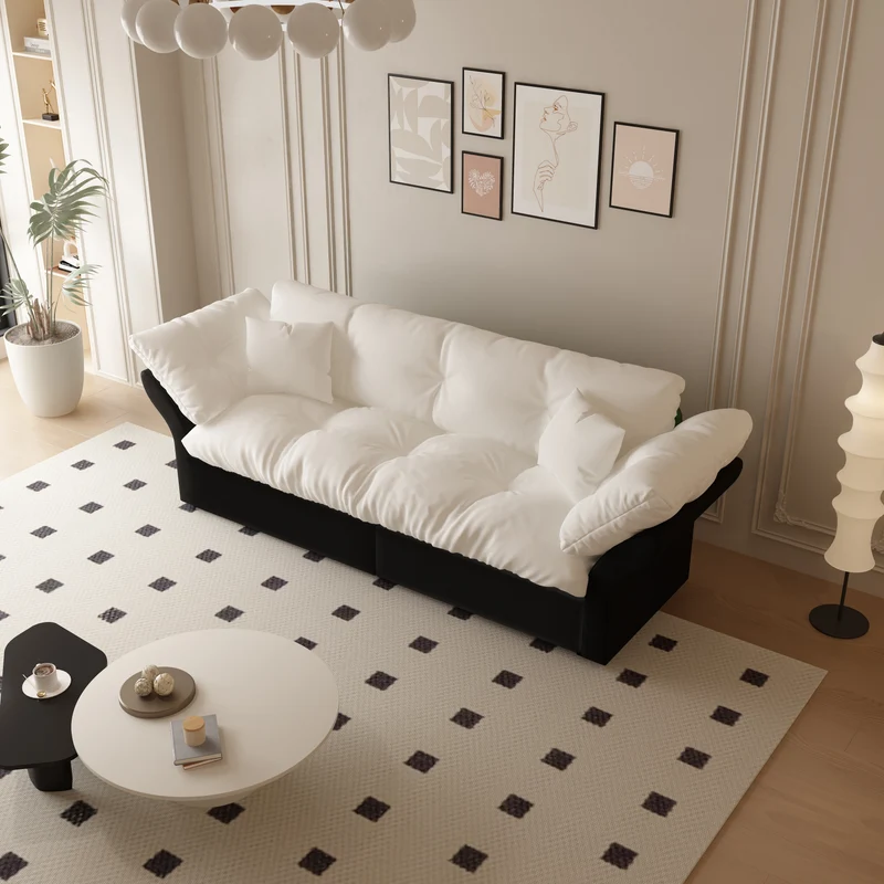 Canapé-lit 3 places covertible velours beige/blanc avec coussins BIRCHCART