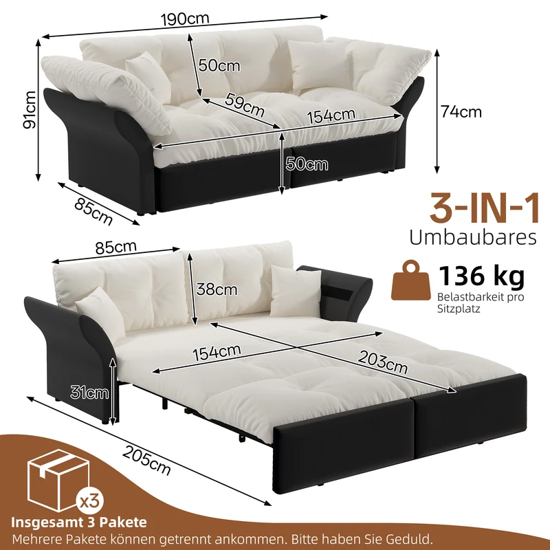 Canapé-lit 3 places covertible velours beige/blanc avec coussins BIRCHCART