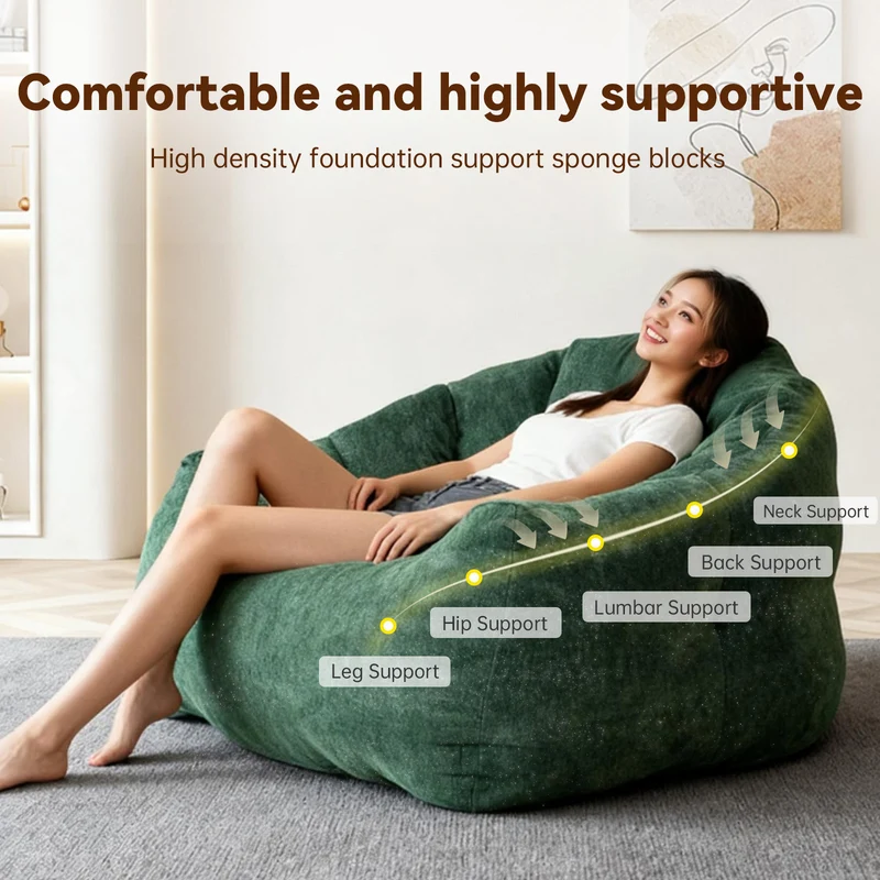 Fauteuil pouf bean bag rond tissu flanelle vert avec paillettes sans montage 99x86x64cm CHROMEBOOKCASE