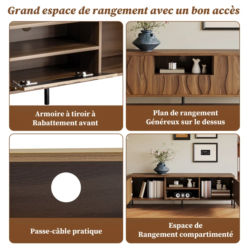 Meuble TV effet bois 3 portes ondulées 160x35x46cm APIARYFRAME