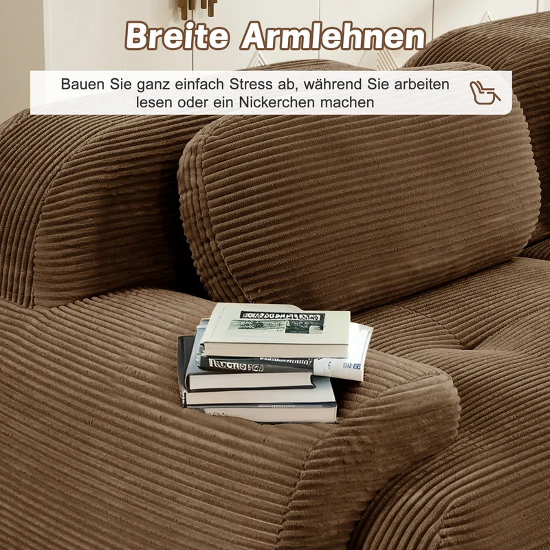 Canapé d'angle 3 places modulable en velours côtelé marron et accoudoirs courbés, sans montage MOMENTUMINFINIX