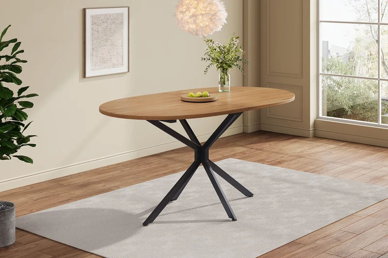 Table de salle à manger ovale effet bois, pieds en métal, 4-6 personnes 120x80cm TERRAENO