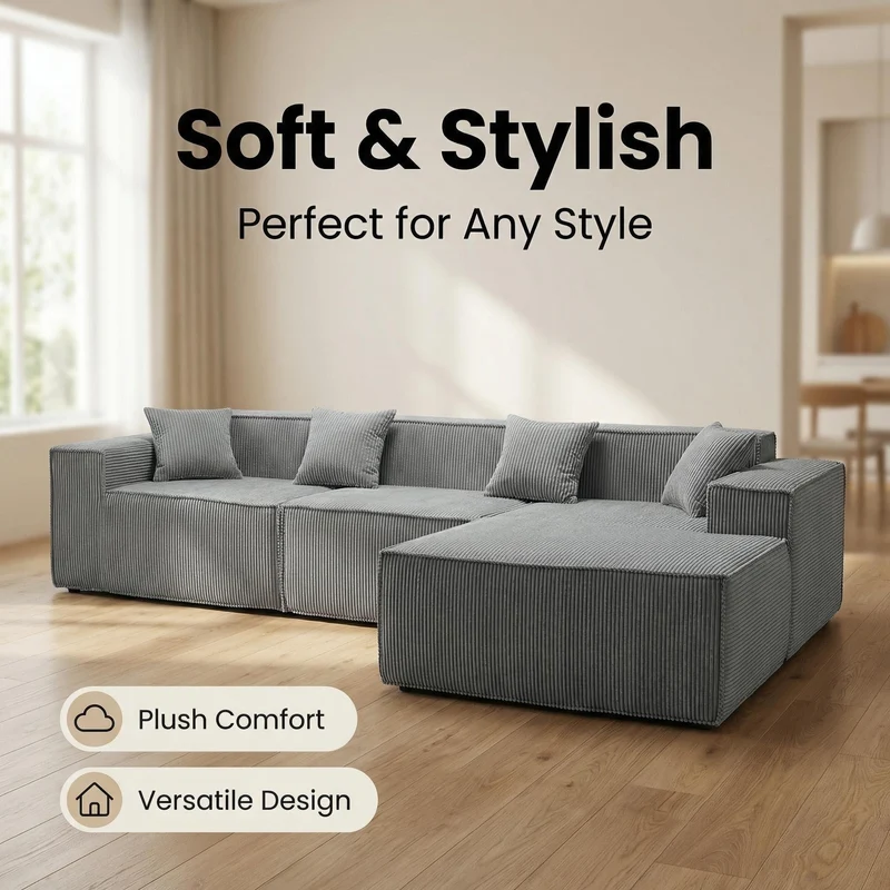 Canapé d'angle modulable convertible tissu côtelé gris, sans montage BRONZEBLUFF