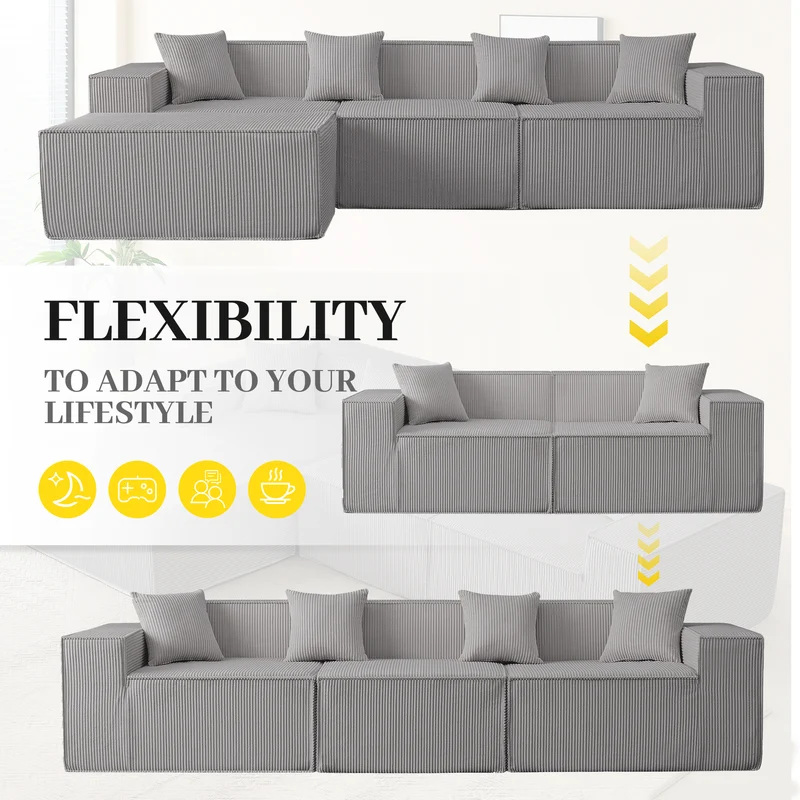 Canapé d'angle modulable convertible tissu côtelé gris, sans montage BRONZEBLUFF