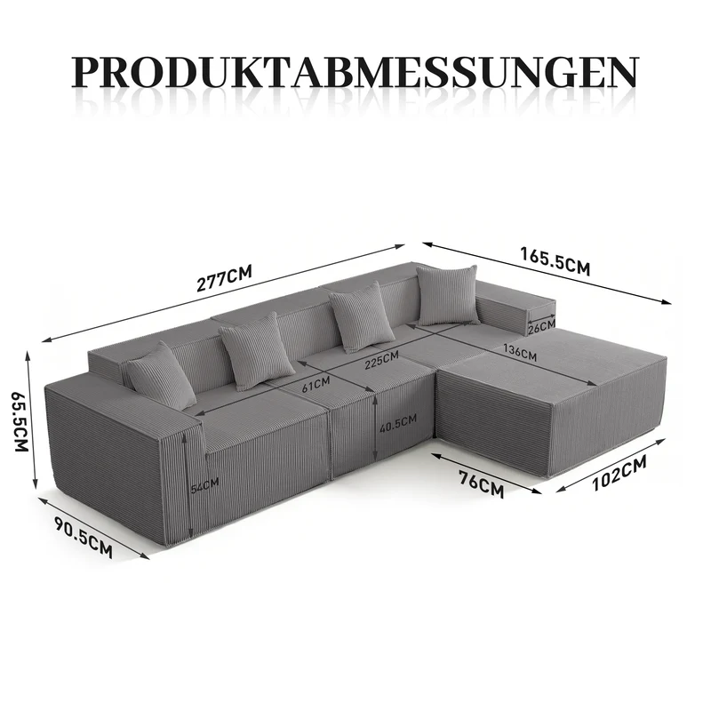 Canapé d'angle modulable convertible tissu côtelé gris, sans montage BRONZEBLUFF