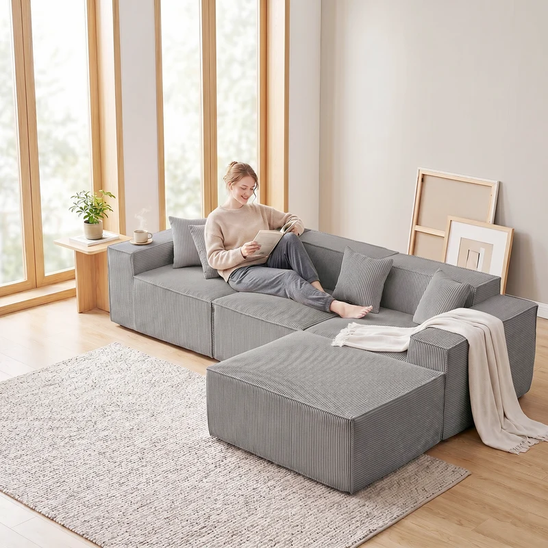 Canapé d'angle modulable convertible tissu côtelé gris, sans montage BRONZEBLUFF