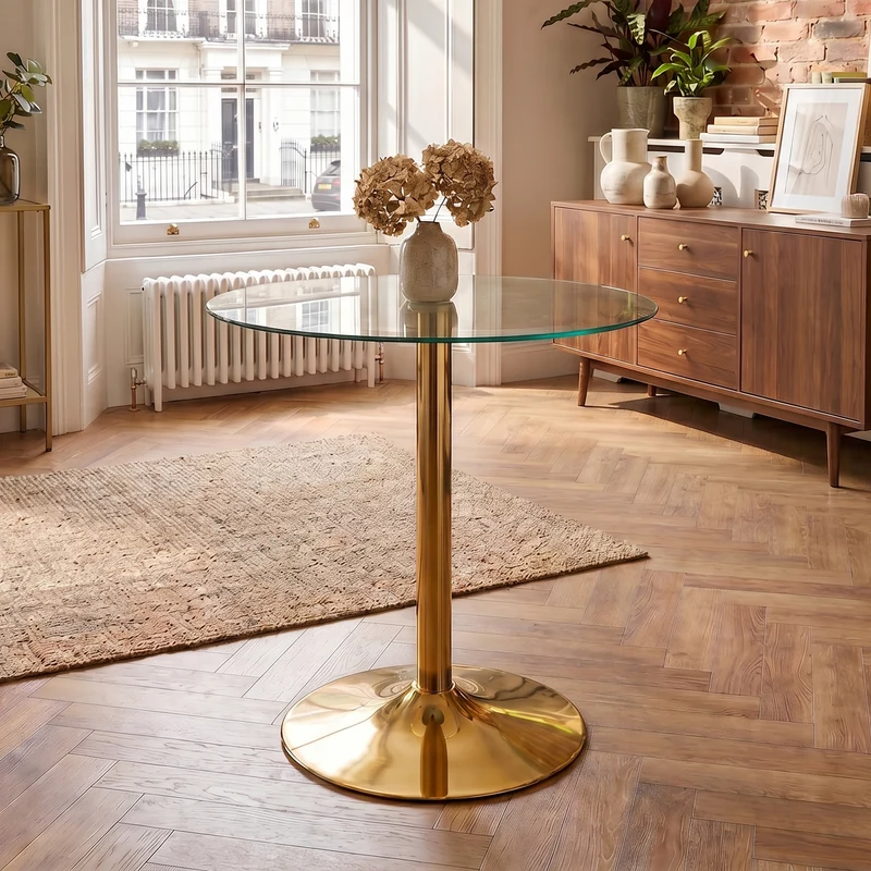 Table de bar ronde en verre trempé base doré, mange debout, 89x89x92cm ALUMINUMOTTOMAN