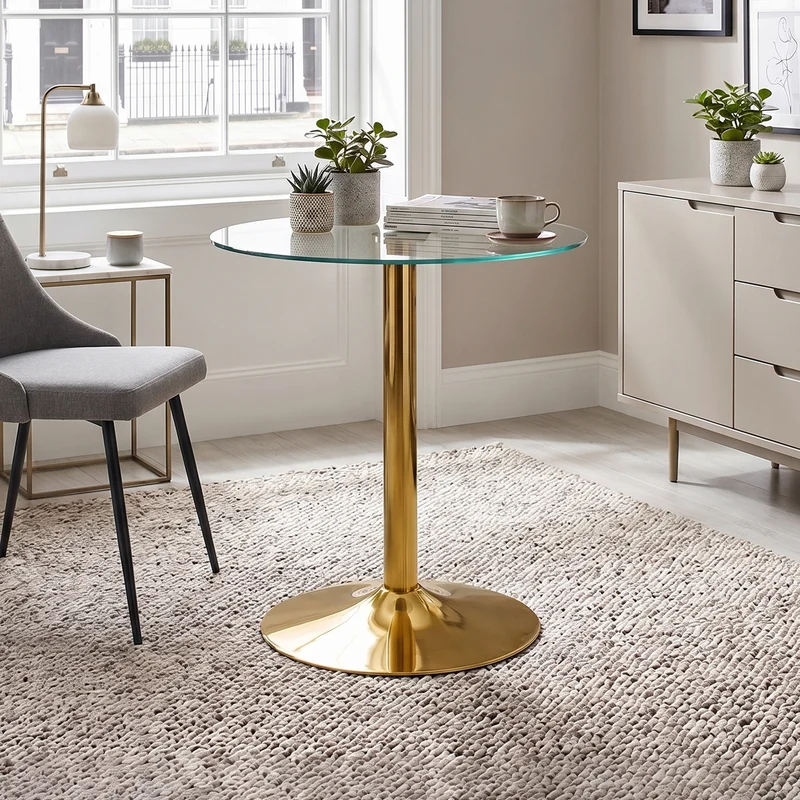 Table de bar ronde en verre trempé base doré, mange debout, 89x89x92cm ALUMINUMOTTOMAN