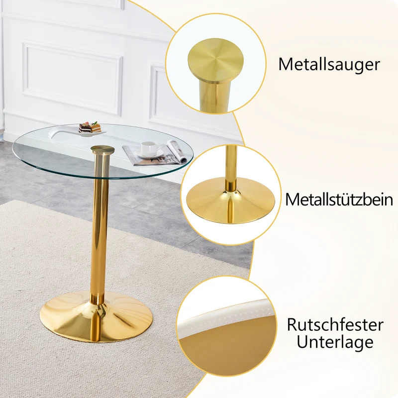 Table de bar ronde en verre trempé base doré, mange debout, 89x89x92cm ALUMINUMOTTOMAN
