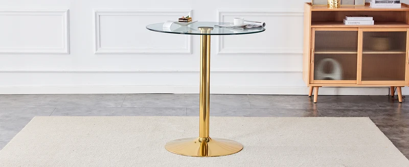 Table de bar ronde en verre trempé base doré, mange debout, 89x89x92cm ALUMINUMOTTOMAN