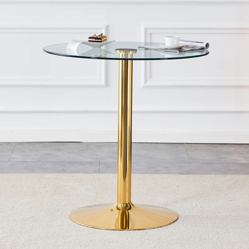 Table de bar ronde en verre trempé base doré, mange debout, 89x89x92cm ALUMINUMOTTOMAN
