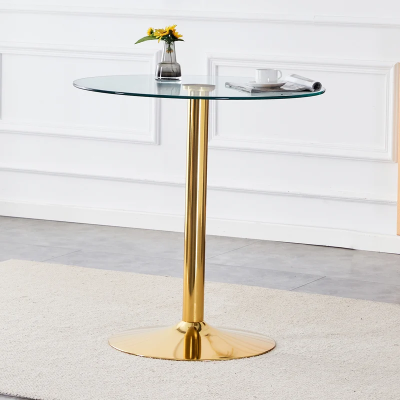 Table de bar ronde en verre trempé base doré, mange debout, 89x89x92cm ALUMINUMOTTOMAN