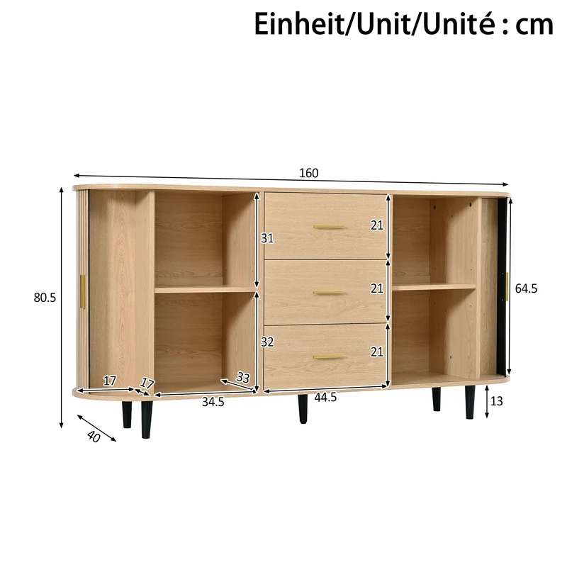 Buffet effet bois clair avec portes coulissantes 3 tiroirs, design arrondi à rainures verticales accents dorés MINIMALISTCONTAINERH