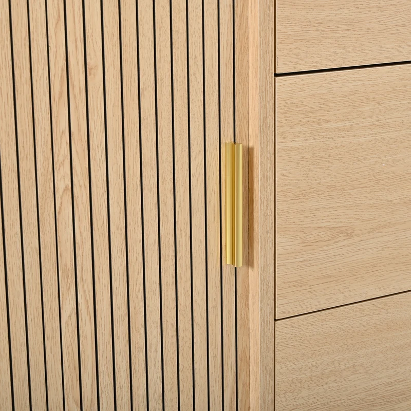 Buffet effet bois clair avec portes coulissantes 3 tiroirs, design arrondi à rainures verticales accents dorés MINIMALISTCONTAINERH