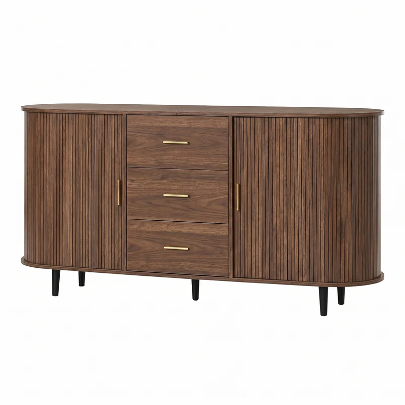 Buffet effet noyer avec portes coulissantes 3 tiroirs, design arrondi à rainures verticales accents dorés MINIMALISTCONTAINERA