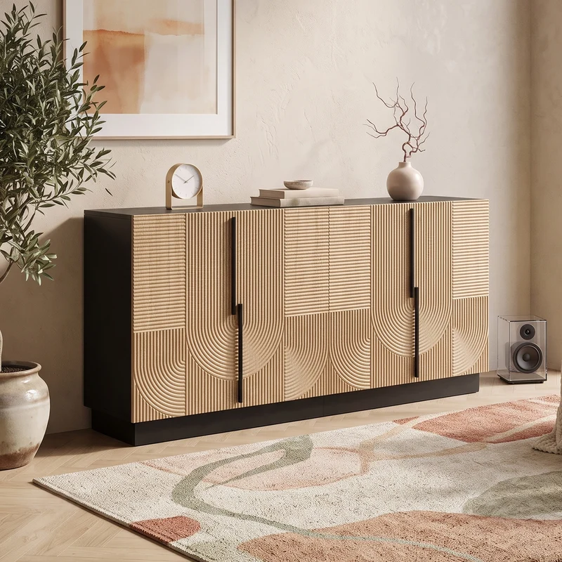 Buffet design effet bois naturel et noir avec 4 portes design lignes et arcs en relief FLEX STYLE