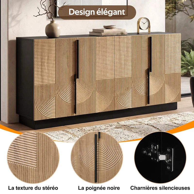 Buffet design effet bois naturel et noir avec 4 portes design lignes et arcs en relief FLEX STYLE