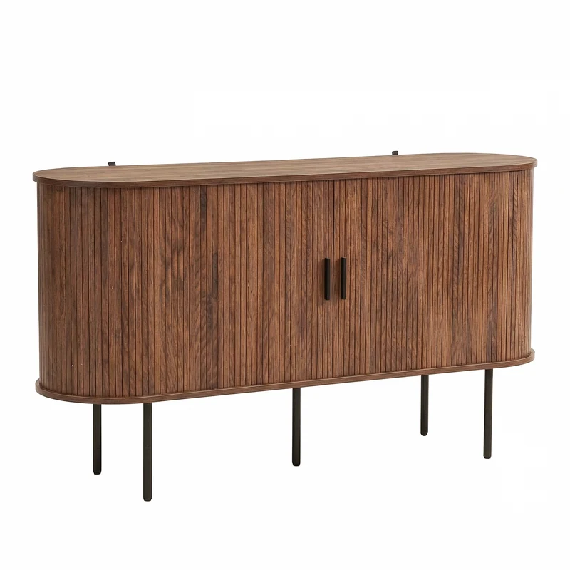 Buffet vintage effet noyer portes coulissantes à latte, poignées et pieds noir BIRCHROOM