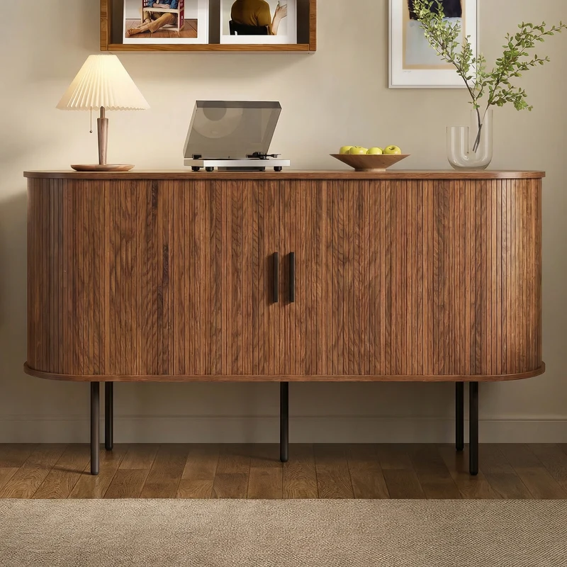 Buffet vintage effet noyer portes coulissantes à latte, poignées et pieds noir BIRCHROOM