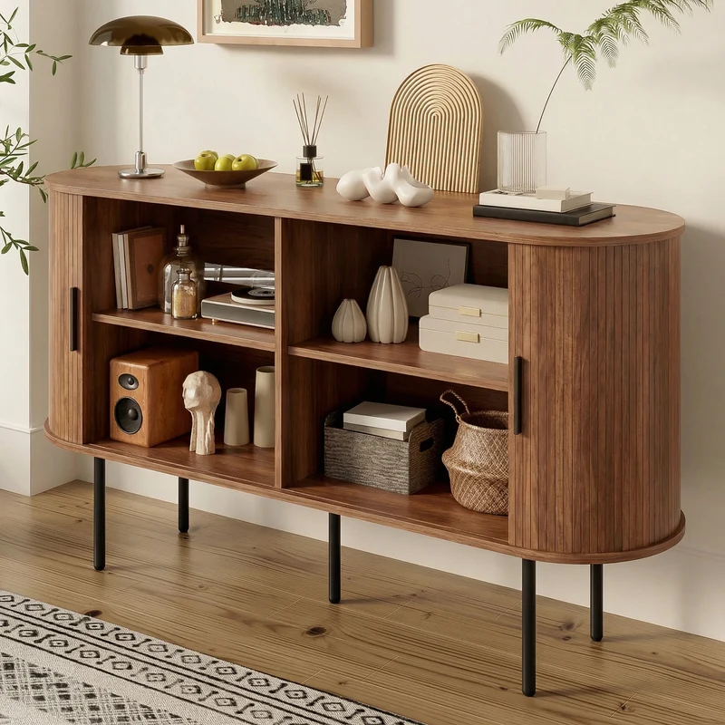 Buffet vintage effet noyer portes coulissantes à latte, poignées et pieds noir BIRCHROOM