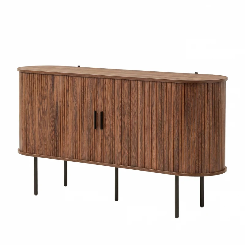 Buffet vintage effet noyer portes coulissantes à latte, poignées et pieds noir BIRCHROOM