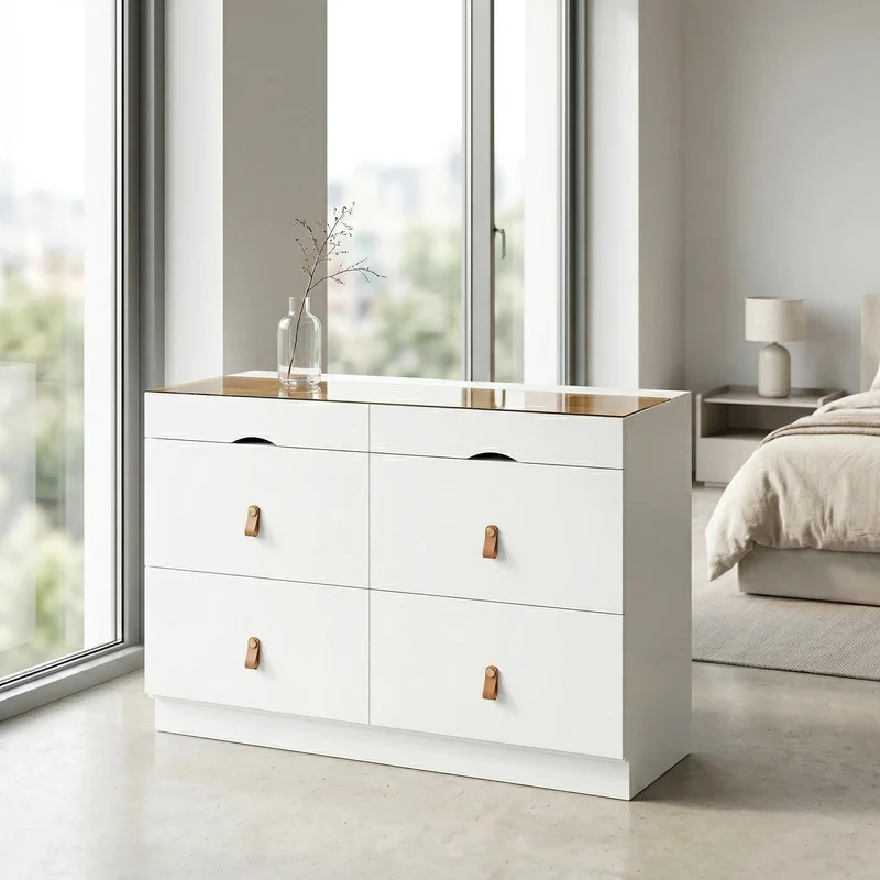 Buffet de chambre dressing blanc top vitré et poignées en cuir 120x40x78cm VERTEXKRYNNOR