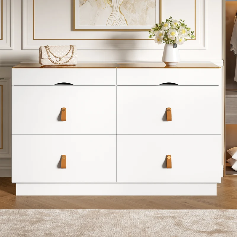 Buffet de chambre dressing blanc top vitré et poignées en cuir 120x40x78cm VERTEXKRYNNOR