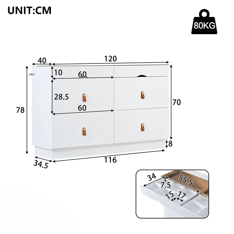 Buffet de chambre dressing blanc top vitré et poignées en cuir 120x40x78cm VERTEXKRYNNOR