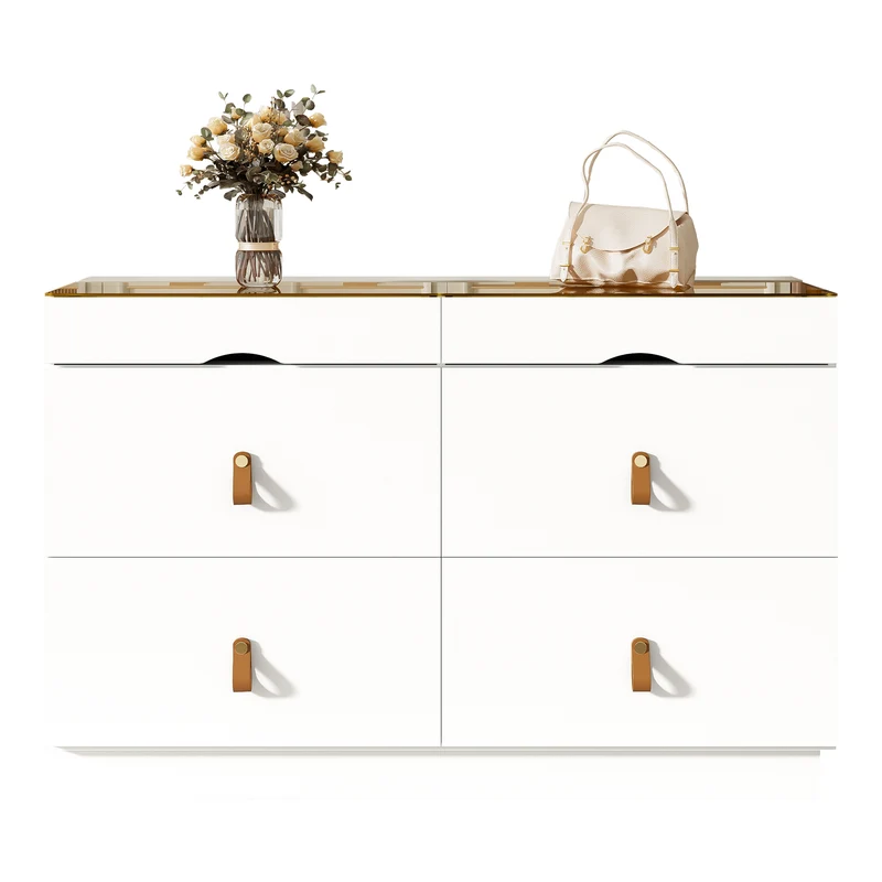 Buffet de chambre dressing blanc top vitré et poignées en cuir 120x40x78cm VERTEXKRYNNOR