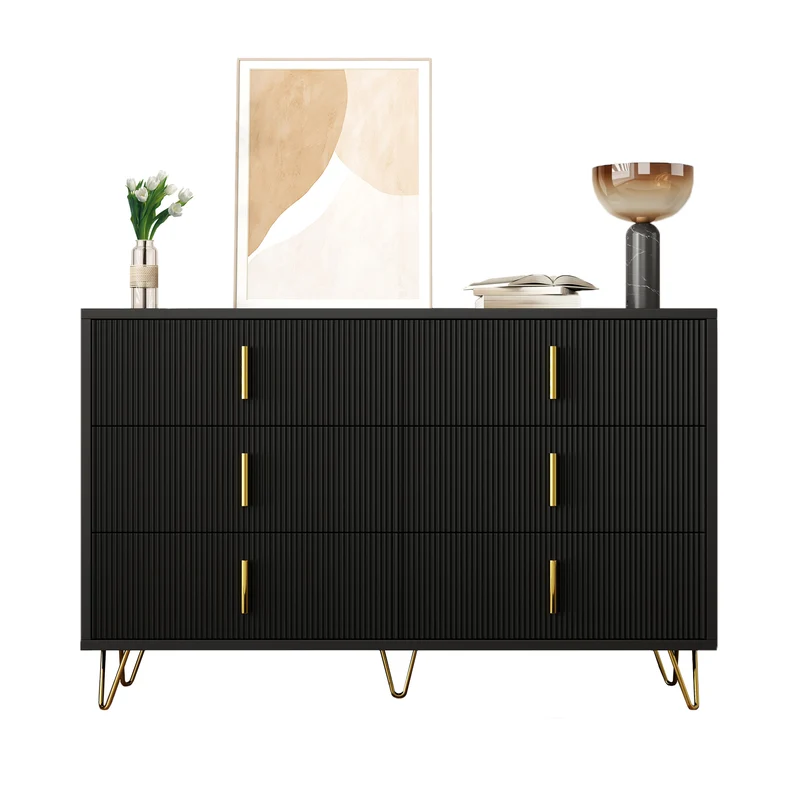 Buffet moderne noir orné de rayures élégantes 6 tiroirs poignées dorés 120x40x77cm THRAAVRAX