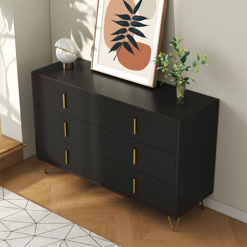 Buffet moderne noir orné de rayures élégantes 6 tiroirs poignées dorés 120x40x77cm THRAAVRAX