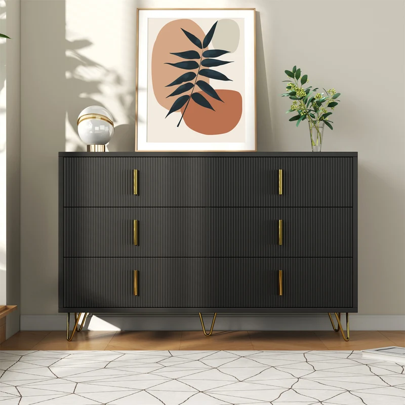 Buffet moderne noir orné de rayures élégantes 6 tiroirs poignées dorés 120x40x77cm THRAAVRAX