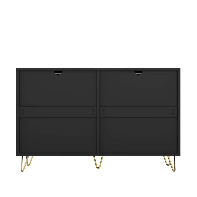 Buffet moderne noir orné de rayures élégantes 6 tiroirs poignées dorés 120x40x77cm THRAAVRAX
