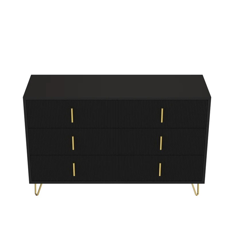 Buffet moderne noir orné de rayures élégantes 6 tiroirs poignées dorés 120x40x77cm THRAAVRAX