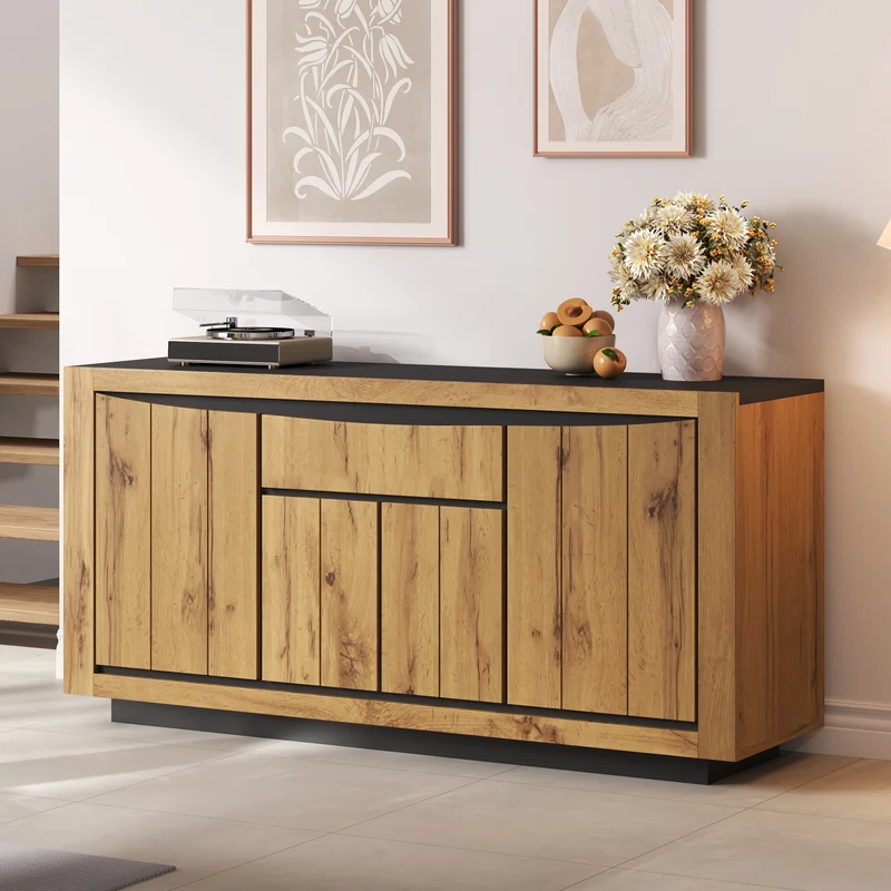 Buffet effet bois et noir 4 portes 1 tiroir 140x38,5x52cm ELEMENTLA