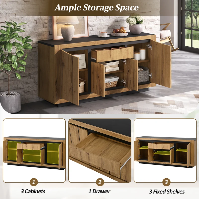 Buffet effet bois et noir 4 portes 1 tiroir 140x38,5x52cm ELEMENTLA