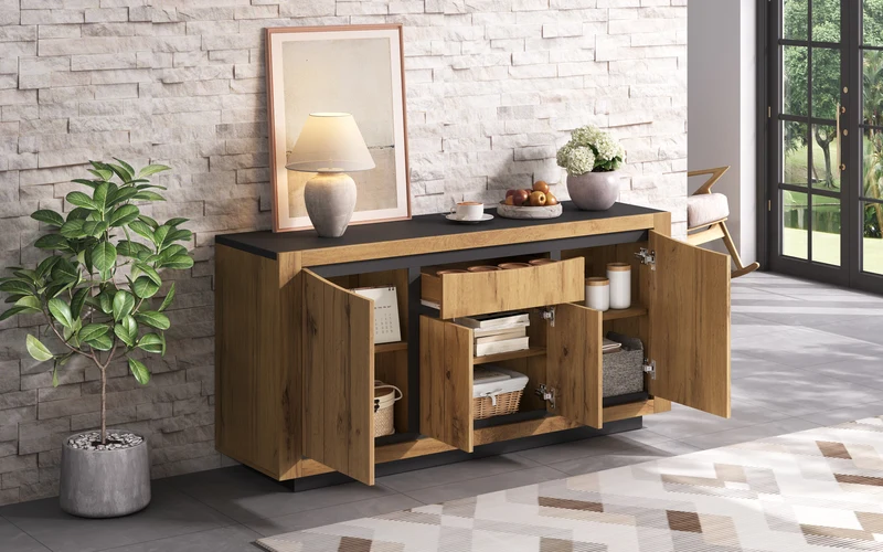 Buffet effet bois et noir 4 portes 1 tiroir 140x38,5x52cm ELEMENTLA