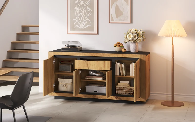 Buffet effet bois et noir 4 portes 1 tiroir 140x38,5x52cm ELEMENTLA