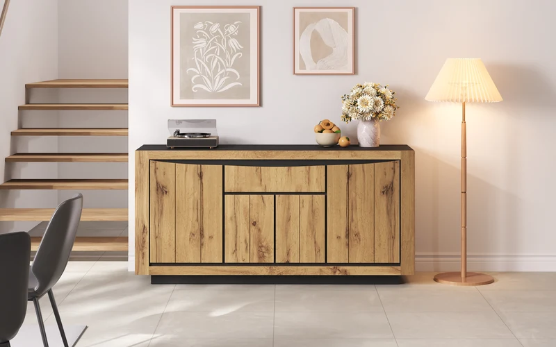 Buffet effet bois et noir 4 portes 1 tiroir 140x38,5x52cm ELEMENTLA