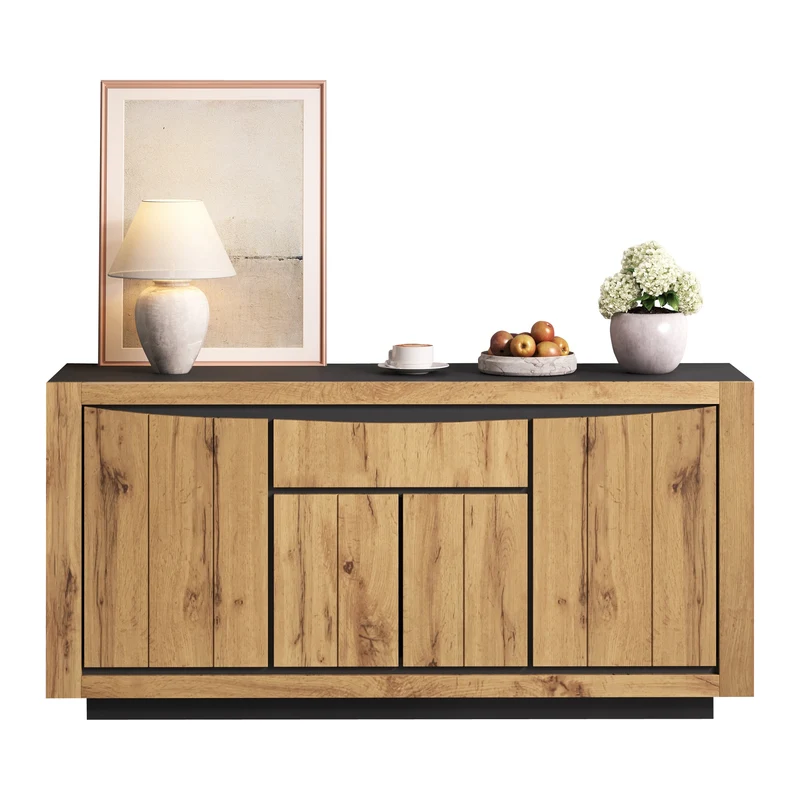 Buffet effet bois et noir 4 portes 1 tiroir 140x38,5x52cm ELEMENTLA