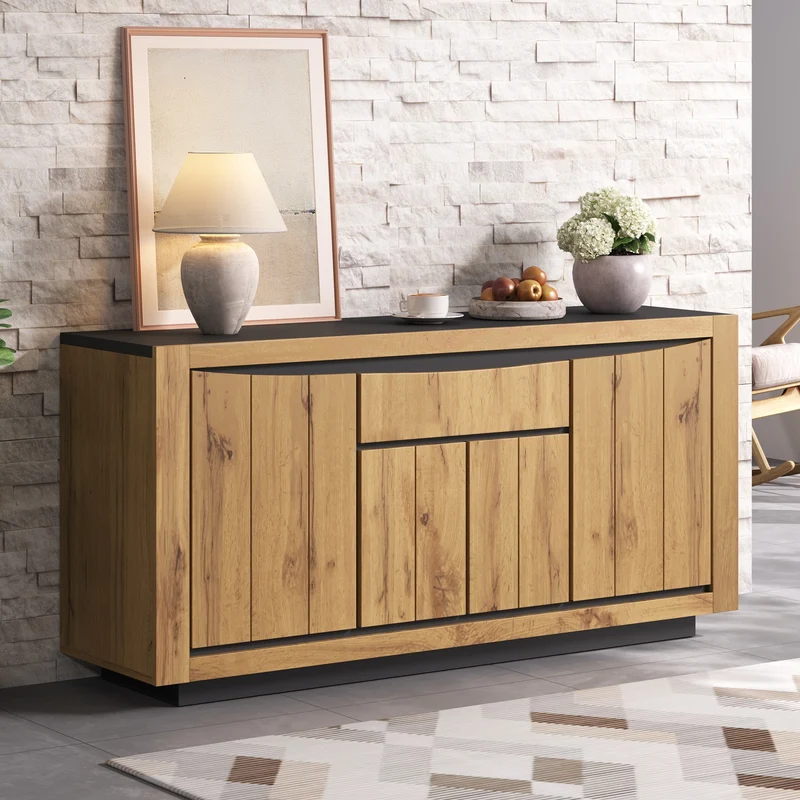 Buffet effet bois et noir 4 portes 1 tiroir 140x38,5x52cm ELEMENTLA