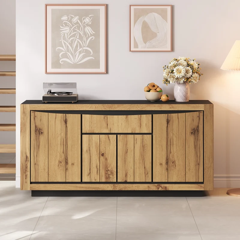 Buffet effet bois et noir 4 portes 1 tiroir 140x38,5x52cm ELEMENTLA
