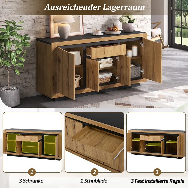 Buffet effet bois et noir 4 portes 1 tiroir 140x38,5x52cm ELEMENTLA