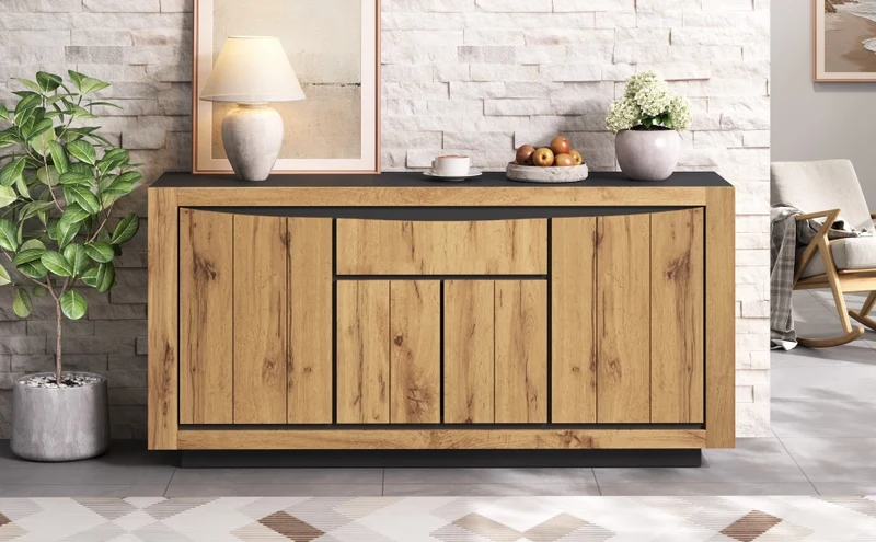 Buffet effet bois et noir 4 portes 1 tiroir 140x38,5x52cm ELEMENTLA