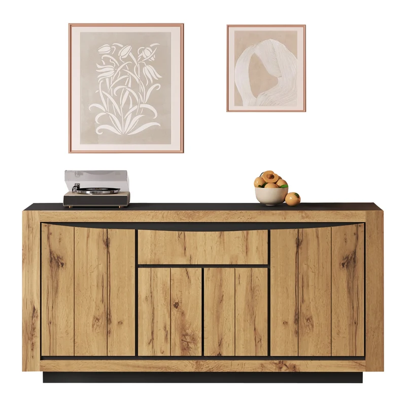 Buffet effet bois et noir 4 portes 1 tiroir 140x38,5x52cm ELEMENTLA