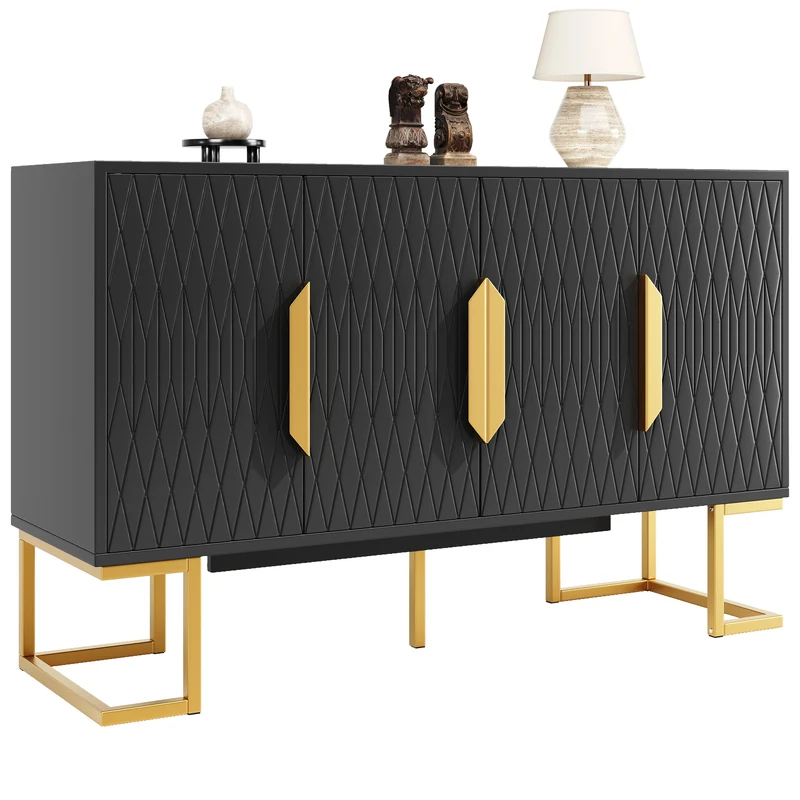 Buffet chic noir 4 portes avec motifs géométriques et détails dorés 140x40x80cm AURORALON