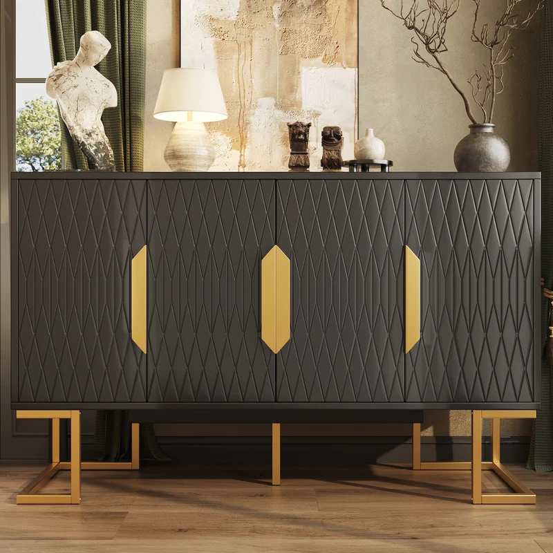 Buffet chic noir 4 portes avec motifs géométriques et détails dorés 140x40x80cm AURORALON
