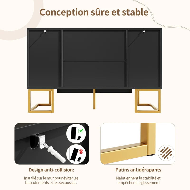 Buffet chic noir 4 portes avec motifs géométriques et détails dorés 140x40x80cm AURORALON