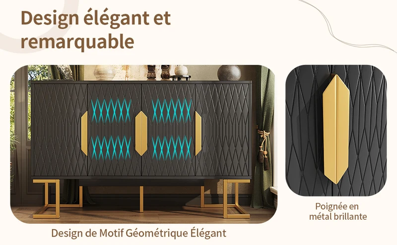 Buffet chic noir 4 portes avec motifs géométriques et détails dorés 140x40x80cm AURORALON